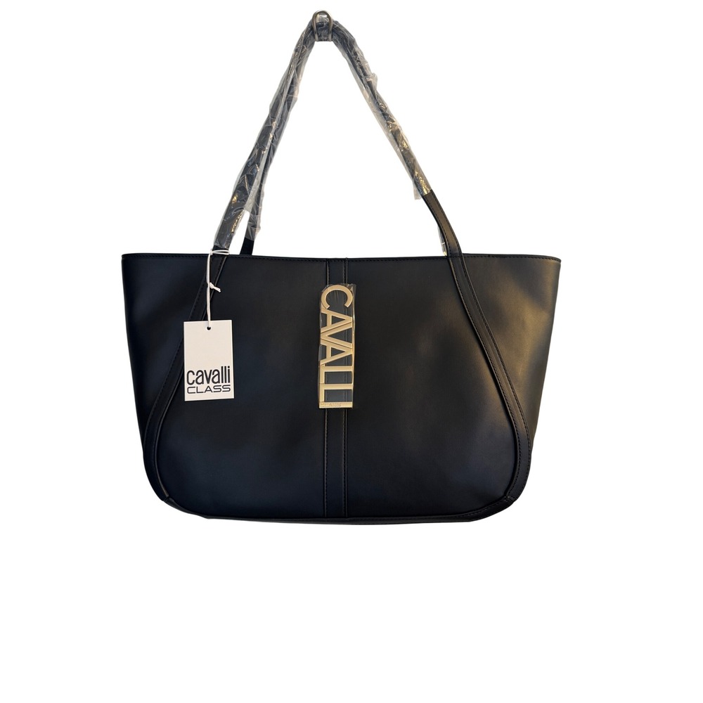 Cavalli Class Tote NWT Women L Black Sandra Shopper CCS25614-BKOX‎ Gold Logo Bag